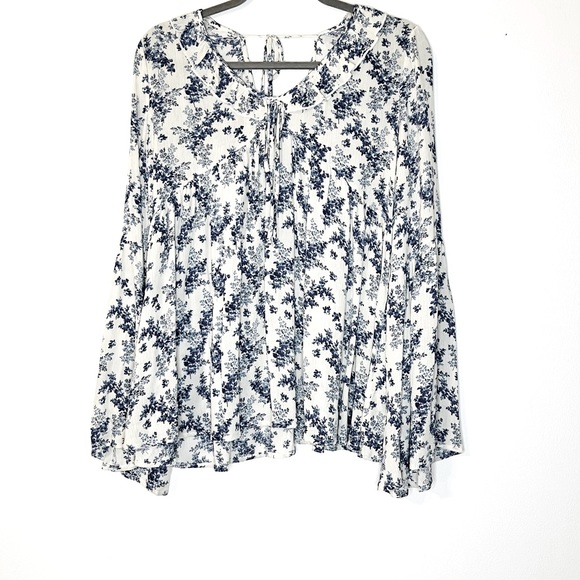The Cove Tops - The Cove Blue Floral Back Tie Blouse Ruffle Collar Peplum Top Women’s Size Small